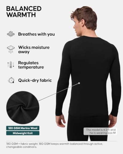DANISH ENDURANCE Thermal Top for Men, Merino Wool Base Layer Men, Long Sleeve Warm Thermal Underwear, Black, XL — view 2