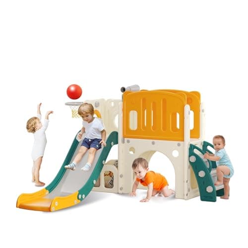 hoopyosms Toddler Slide with Climbing Ladder, Tunnel and Basketball Hoop, Indoor Outdoor Garden Slide Set for Kids, Children's Playground Toy, Montessori Play Equipment, Green