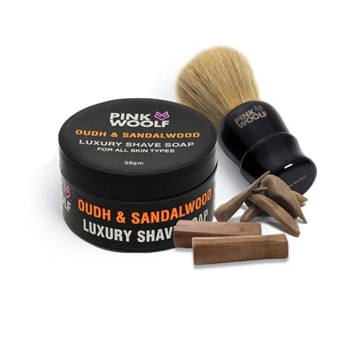Pink Woolf Luxury Shaving Kit For Men (Oudh & Sandalwood) | Shaving Brush & Soap Combo | Creates Dense Lather, Perfect For Travel | Suitable For All Skin Types – Pack of 2