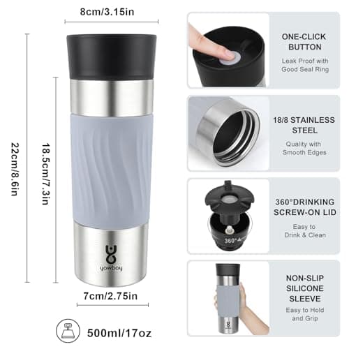 Yawbay Coffee Cup Travel Mug 360°Drinking,510ml Travel Coffee Mug Leakproof,Insulated Travel Mugs for Hot and Cold Drinks Spill Proof(Grey) — view 5