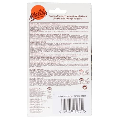 Malibu Sun Duo Pack, SPF 50 Face Cream Sunscreen and SPF 30 Lip Balm Protection, Water Resistant, 2 Piece, 40ml and 5g (Pack of 2) — view 2