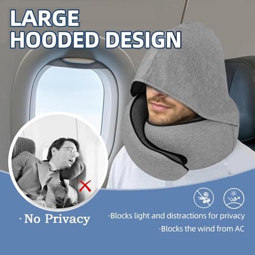Furansijin Travel Neck Pillow for Airplane, Memory Foam, Hooded, Dark Grey — view 3