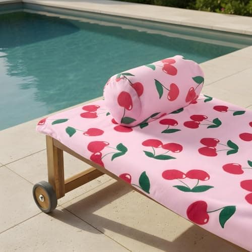 OHS Cherry Sun Lounger Towel with Pockets Soft Quick-Dry Absorbent Large Beach Towel in a Bag & Inflatable Bolster Pillow Sun Lounger Travel Cushion Microfibre Summer Holiday Essentials Bundle