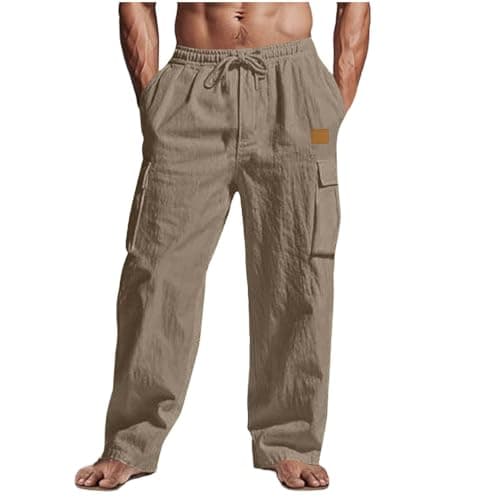 Men's Linen Trousers UK Cargo Combat Pants Casual Jogger Elastic Waist Drawstring Outdoor Trousers Loose Fit Plain Sweatpants Cotton Linen Pants with Multi Pockets Full Length Bottoms