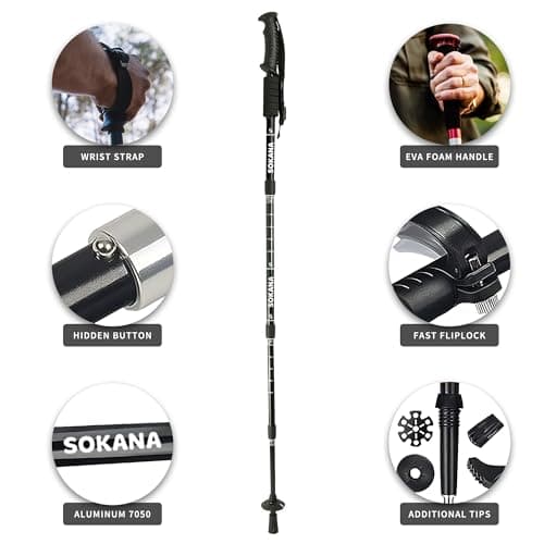 SOKANA Walking Poles 2 Pack Folding Walking Sticks for Men and Women | Lightweight Trekking Poles with Quick Lock System for Hiking Climbing Camping - Red — view 2