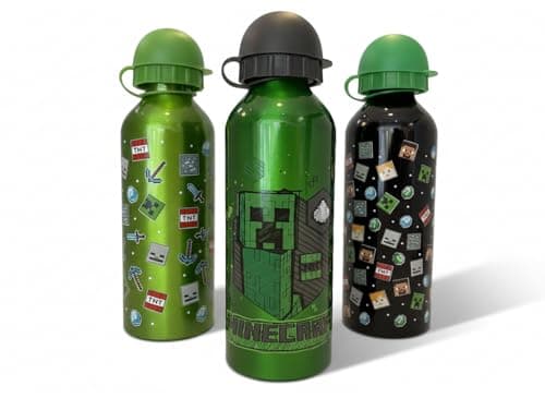 Minecraft Aluminium Water Bottle Set – Pack of 3 Assorted Designs, 500ml Leak-Proof Screw Cap, BPA-Free, Lightweight & Durable for Kids, School, Sports, Travel, Green — view 2