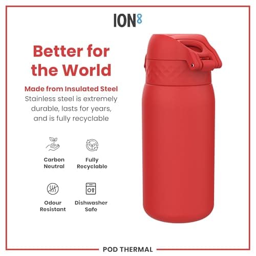 Ion8 Vacuum Insulated Steel Water Bottle, 320 ml/11 oz, Leak Proof, Easy to Open, Secure Lock, Dishwasher Safe, Carry Handle, Metal Water Bottle, ThermoShield Stainless Steel, Red — view 5