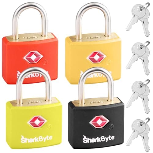 SharkByte TSA Approved Suitcase Locks with Keys [4 Pack Mix Colors, 8 Keys] Key Travel Lock, Suitcase Padlock, Small Keyed Luggage, Laptop Bags, Backpacks, Travel Bags Zippers, Mini Locks