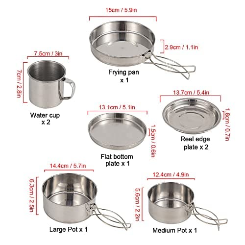 Camping Cookware Mess Kit 8PCS Stainless Steel Cooking Pot and Pan Set with Plates Cups for Outdoor Camping Hiking Backpacking — view 6