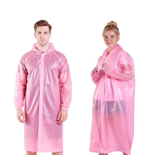 AropaeenGlowry Waterproof Rain Poncho for Adults, 2 Pack Reusable Raincoat with Hood & Sleeves, Portable Emergency Poncho for Camping, Hiking, Travel, Outdoor Events (Pink)