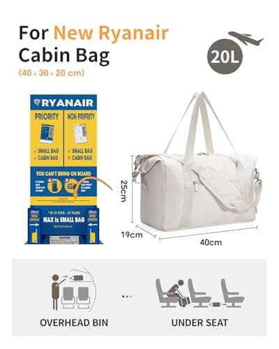 Narwey for Ryanair Cabin Bag 40X30X20 Underseat Ryan Air Foldable Travel Duffel Hospital Bag Carry on Hand Luggage Holdall Weekend Bag for Women and Men 20L (Beige) — view 3