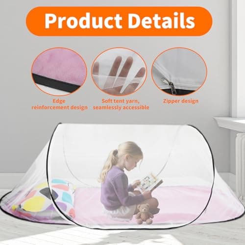 200 * 80 * 56cm Foldable Pop-Up Mosquito Net with Zip, Portable Ultra Light Family Tent for Single Bed, Easy & Fast Installation Mosquitos Net Bed for Home, Dorm, Outdoor, Travel, Camping (White) — view 3