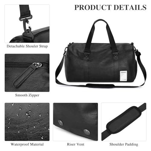 UBAYMAX Mens Black Leather Sports Duffle Gym Bag with Shoes Compartment and Wet Pocket, 37L Waterproof PU Leather Weekend Travel Overnight Bag for Men Holdall Bag Carry on for Basketball Swim Dance — view 4