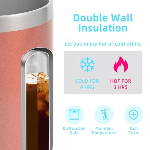 Volhoply 14oz Insulated Stainless Steel Coffee Mug with Leakproof Lid,Double Wall Vacuum Travel Coffee Cup with Handle,Reusable Metal Tumbler,Camping Mugs Keep Hot,Christmas Gifts(Rose Gold,1) — view 3