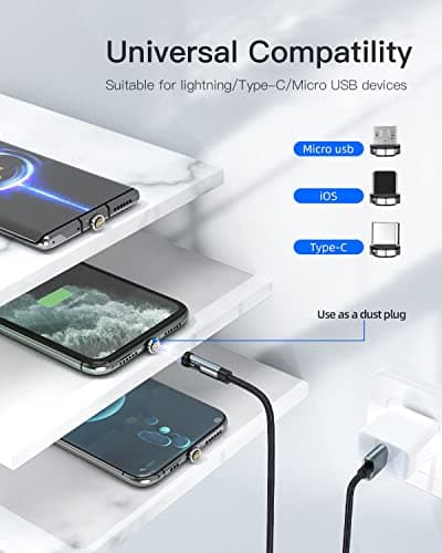 Kuulaa 360°& 180° Magnetic Charging Cable 3-in-1 Data Transfer Phone Charger Cable 3A USB C for iPhone/Samsung/Micro USB Devices, 1M — view 3