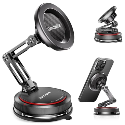 SYNCWIRE for MagSafe Car Mount [3-Axis] Nano Adhesive Gel + Strong Suction Cup Magnetic Phone Holder for Dashboard & Windscreen, 360° Rotatable for iPhone 17 16 15 14 13 12, Samsung, Carbon Fiber