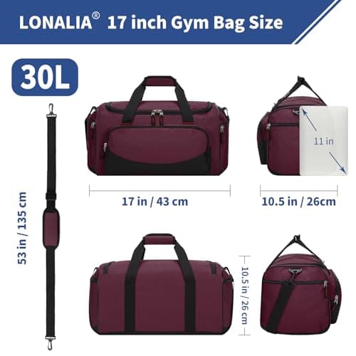 LONALIA Small Holdall Bag 30L, Gym Duffle Bag, Burgundy — view 2