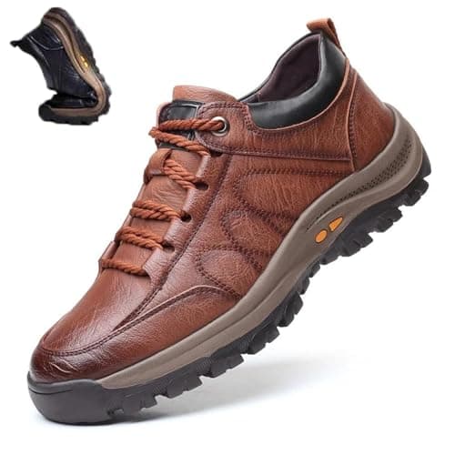 Hand-Stitched Leather Shoes,Men Hiking Shoes Arch Support Anti-Fatigue Anti Slip Shock Warm Running Boots,Men's Comfortable Orthopedic Leather Sneakers with Arch Support(Brown,9 UK)