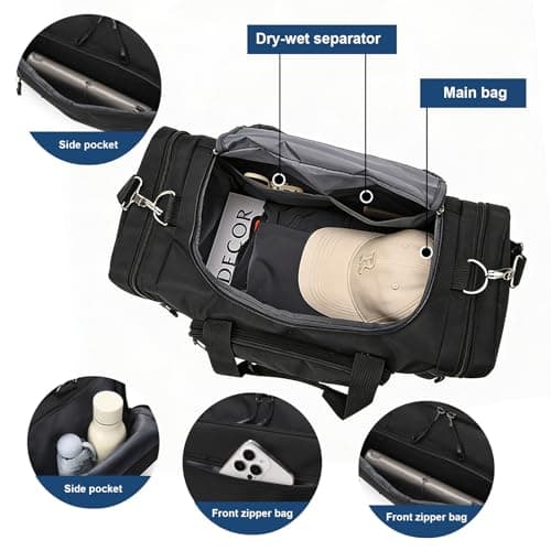 Sports Duffle Bag for Women Men, 35L Waterproof Gym Duffle Bag with 2Pcs Shoe Dust Bag, Travel Sports Duffel with Shoulder Strap Holdall Overnight Weekend Bags for Gym Travel Swimming, Black — view 4