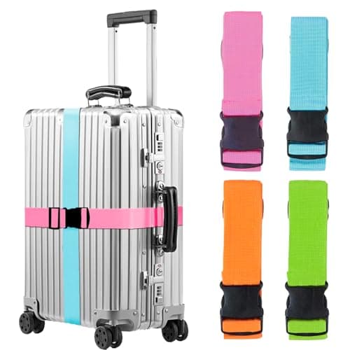 MOLHEM 4 Pcs Luggage Suitcase Straps Set, Thickened Reinforced Heavy Duty Luggage Straps, Adjustable Travelbelt Suitcase Straps (Blue+Pink+Orange+Green)