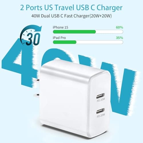 USA Travel Adapter Charger, American and Canada Plug Adapter Fast Charging with 2 USB C, 40W Double US Wall Adaptor USA Adaptor Plug Fast Charger Compatible with iPhone 17 16 15 14, Samsung Galaxy S26 — view 5