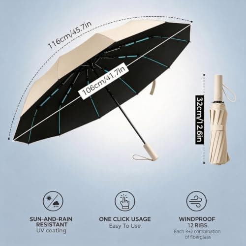 NAYEZH Umbrella Windproof Travel Umbrella for Rain, Auto Open Close, 12 Ribs 3+2 Fiberglass Frame, Durable Compact Portable Umbrella for Daily Use (Cream) — view 2