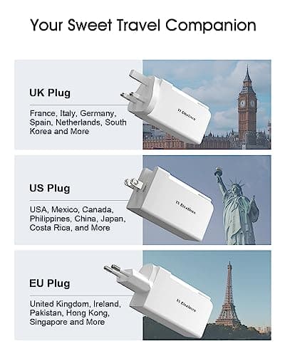 65W USB C Plug, Elexlinco GaN II Fast Charger, 3-Port USB C Charger Plug with UK, US, EU Travel Adapter, Compatible with MacBook Pro/Air, HP Laptops, iPad, iPhone 15/Pro/Max, Galaxy S24/S23 and More — view 4