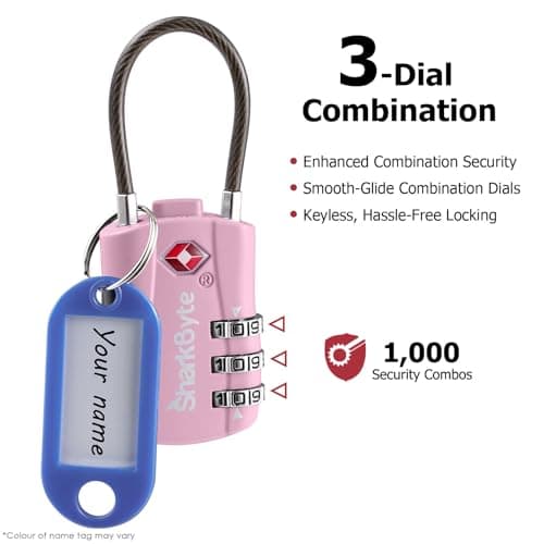SharkByte Slim TSA Approved Luggage Locks, 3-Dial Security Travel Combination Padlock with Tags, Flexible Cable Wire Travel Lock, Suitcase Locks, Bag, Gym Locker, Small Padlock with Code (2 Pack) — view 5
