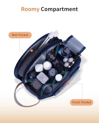 ECOHUB Wash Bag for Men, Water-Resistant Travel Toiletry Bag with Wet Pocket, Recycled Dopp Kit Shaving Bag Fit Full Size Toiletries, Wide-Open Dual Zipper Cosmetic Makeup Organizer Bag, Dark Blue — view 3