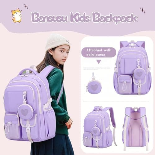 Bansusu Girls Backpack for School Children, Secondary School Bags Backpacks for Girls Casual Daypack Bookbag, Y040-Purple — view 2