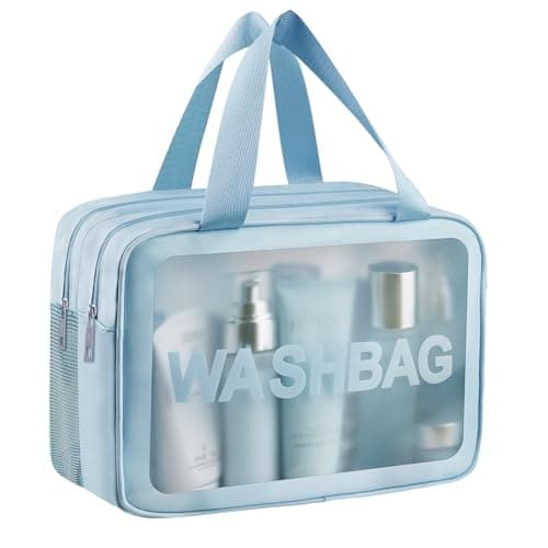 Clear Toiletry Bag, Wet Dry Separation PVC Makeup Cosmetic Bag, Large Capacity PVC Wash Bags with Handles for Women Girls Blue