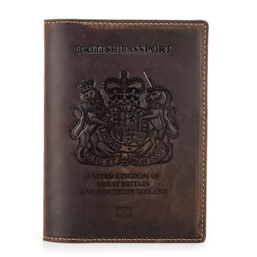 CONTACTS Full Grain Leather Airtag Passport Holder RFID Blocking Travel Passport Wallet Passport Cover for 2 Passports, 2 Card Slots, 1 Cash Slot (Coffee, UK-Badge)