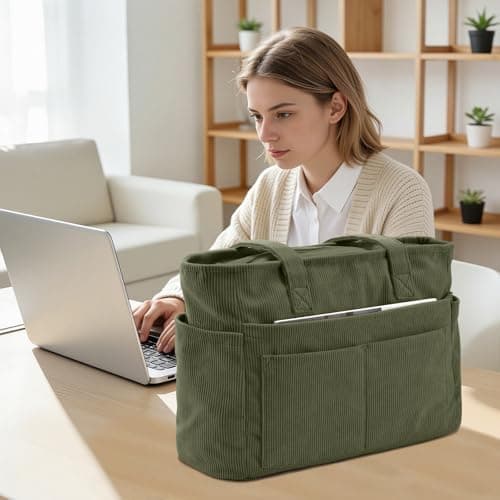 oscaurt Corduroy Tote Bags for Women 13 Pockets Handbag Large Teacher Nurse Work Bag Ladies Shoulder with Zipper for College Travel Shopping Daily Use — view 3
