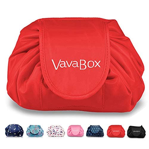 Vavabox Lazy Drawstring Makeup Bag, Flat Lay Cosmetic Bags (Red)