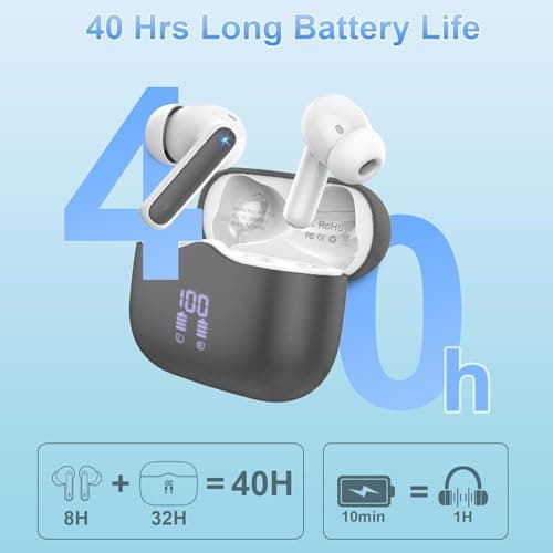 Wireless Earbuds, Bluetooth 5.4 Headphones in Ear with HiFi Stereo Deep Bass, 4 ENC Noise Cancelling Mic Wireless Earphones 40H Playtime, Bluetooth Earbuds Dual LED Display, IP7 Waterproof, Grey — view 2