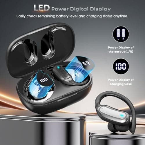 Wireless Earbuds Bluetooth Headphones, 54H Playtime Full Stereo Over Ear Buds with ENC Noise Cancelling, LED Power Display, IPX7 Waterproof Sport Earphones with Earhooks for Running/Workouts Black — view 6