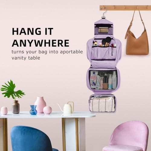 homchen Hanging Toiletry Bag Travel Kit for Men Women, Upgrade Large Capacity Wash Bag Makeup Bag with 4 Compartments, Foldable Compact Size (Light Purple) — view 5