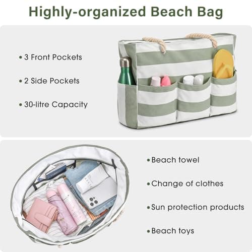 oscaurt Beach Bag Multi-pocket Beach Tote with Zip Waterproof Shoulder Handbags for Women Holiday Travel Essentials Women's Totes for Fitness Swimming and Grocery Shopping — view 6