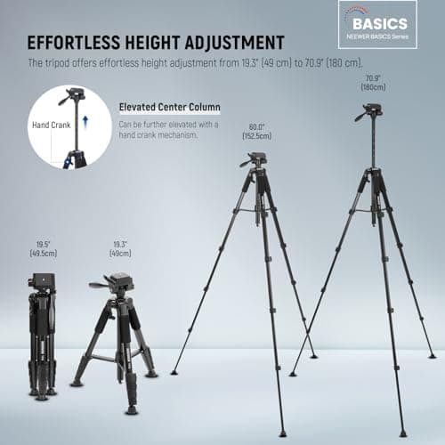 NEEWER BASICS Camera Tripod, 71'' Tripod with Holder Mount Compatible with Camera for Video Recording, Professional Aluminum Lightweight Portable Travel Stand with 3 Way Pan Tilt Head, TP55 — view 2