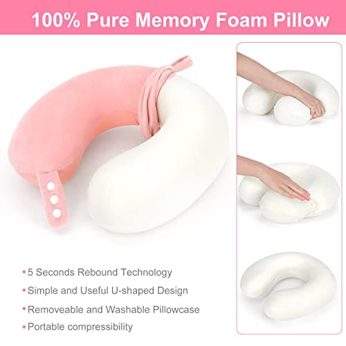 TALLGO Travel Neck Pillow, Best Memory Foam Airplane Pillow for Head Support Soft Adjustable Pillow for Plane, Car & Home Recliner Use (Pink) — view 5