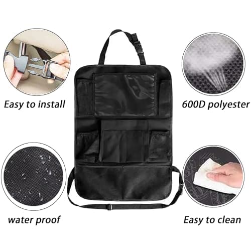 2-piece car storage bag set, including child seat back storage bag, rear seat protector, 10-inch tablet cover, and 9-pocket storage bag with kick guard for storing water bottles, toys, books, etc. — view 3