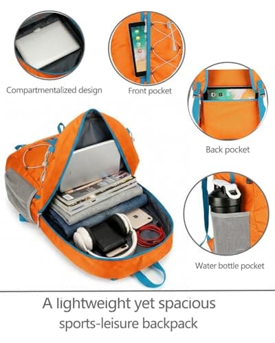 szyanlai Hiking Backpack for Women, 30L Ultra Lightweight Foldable Waterproof Rucksack,Back Pack Rucksack for Women Kids Camping Travel (Orange) — view 3