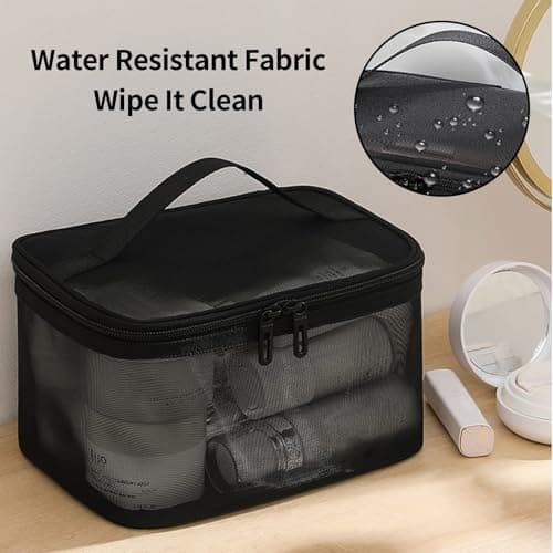 Lizbin Mesh Makeup Bag Travel Toiletry Bag, Portable Mesh Cosmetic Bag Makeup Organizer Bag, Travel Bag with Handl, Mesh Zipper Pouch for Home Office Travel Accessories (Black) — view 5