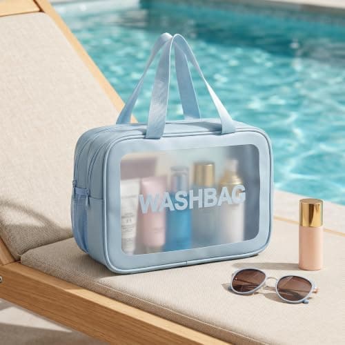 Large Double Layer Clear Toiletry Bag, Odourless Waterproof Wash Bag with Dry Wet Separation, PVC Travel Toiletries Organiser with Dual Handles, Reusable Makeup Bag for Men Women Gym Travel — view 6