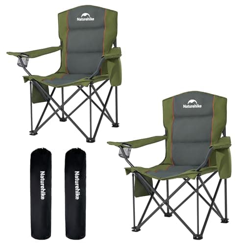 Naturehike 2 Pack ComfortMax Camping Chairs with Padded Seat, Cup Holder and Side Pocket, Portable Folding Chairs Supports 120kg/265lbs(Green)