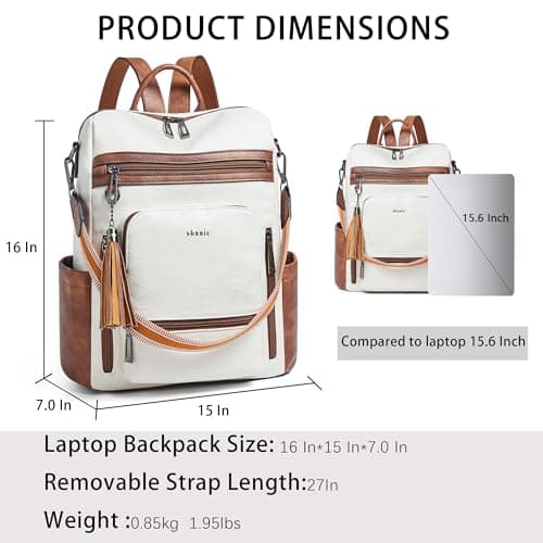 Shrrie Vegan Leather Laptop Backpack for Women 15.6 inch Work Backpack Fashion Travel Backpack Purse for Business College-Beige with Brown — view 3