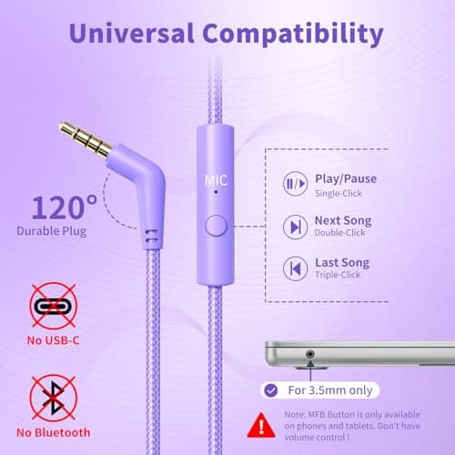 Headphones Wired with Microphone, 3.5mm Corded Headphone for School, Purple — view 4