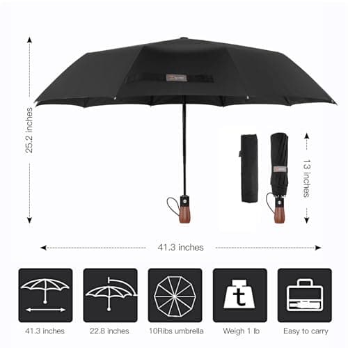 MIKAFEN Umbrella Windproof With Wood Handle - Travel and Automatic, Umbrella Compact for Men and Woman - with 10 Ribs Fiberglass and Compact Rain Protect（Black） — view 6