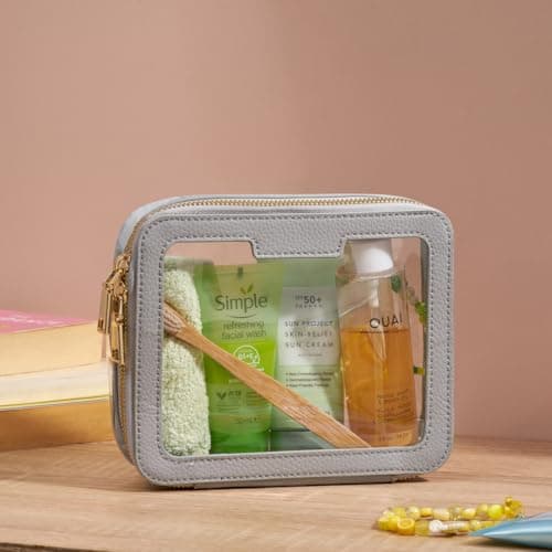Vegan Leather Toiletry Organizer - Clear PVC Zippered Makeup Bag for Travel & Bathroom - Men & Women (Grey/Blue) — view 2