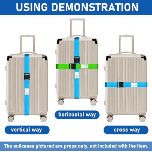 6 Pcs Adjustable Luggage Straps for Suitcases - 2 SkyBlue + 2 Green Personalised Luggage Belt with Luggage Labels for Travel, Flight, Vacation, Trip, 2 Elastic Bungee Straps Add Bag for Trolley Case — view 6